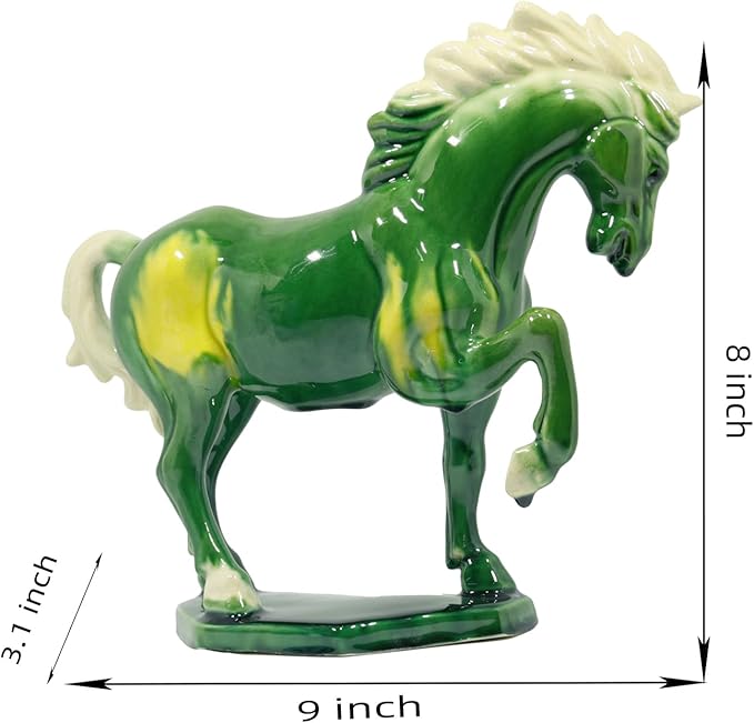 Ceramic Horse Sculpture -8 inch Hand Made Tang Tri-Color Cultural Art Piece,Museum Collection Inspired Home and Office Decor (Green)