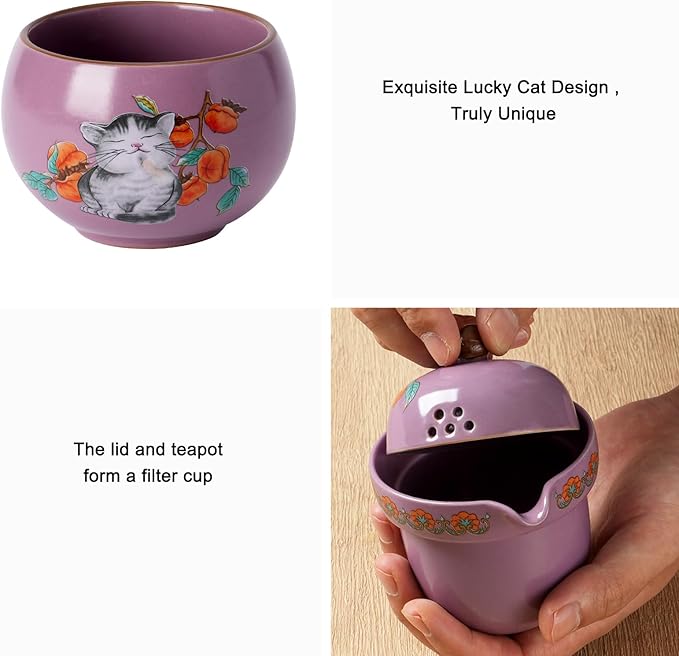 Mini Tea Cups,Cute Lucky Cat Cups,Small Tea Mugs,Porcelain Gongfu Tea set with 3 in 1,Tea Sets for Adults,Ceramic Tea Infuser Cup for Loose Leaf for Women/Tea Lovers/Birthday/Easter's Day (Purple)