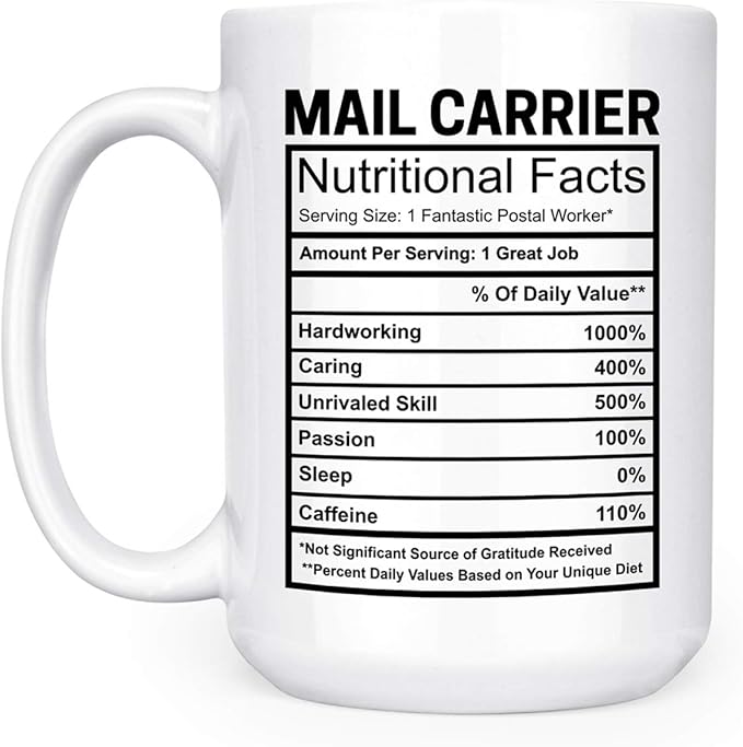 Artisan Owl Large 15 oz Ceramic Mail Carrier Mug – Funny Gift for Postal Workers, Delivery Drivers, Couriers with Unique Nutritional Facts Design