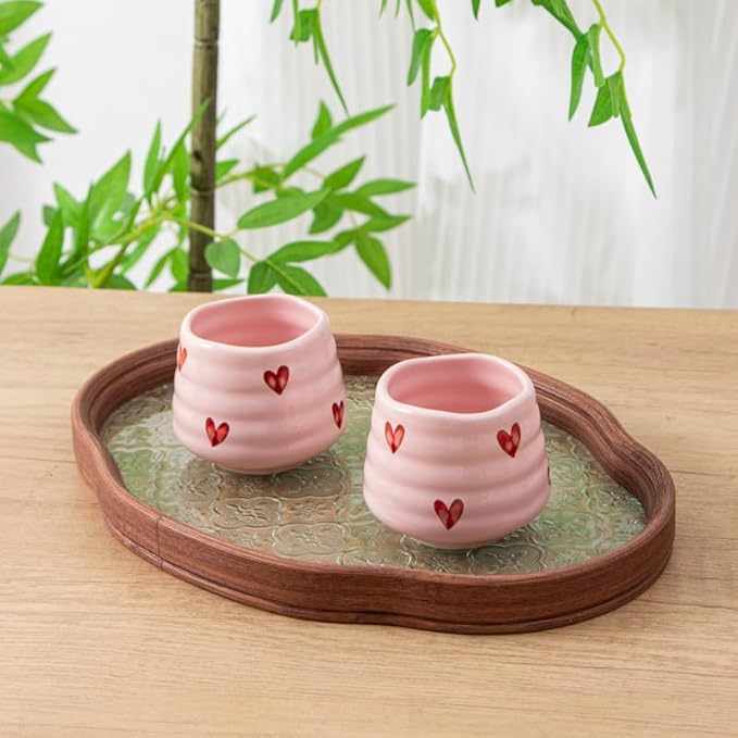 4pcs Japanese Tea Cup Set – 160ml 5.4OZ Ceramic Matcha Cup, Small Handless Espresso Cups, Cute Coffee Mugs for Valentine (Pink Love)