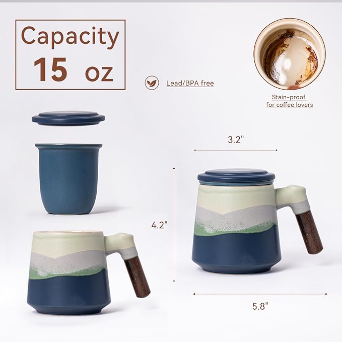 Ceramic Tea Mug with Infuser & Lid, 15oz Kiln-Transformed Unique Cup – Nature's Artisan Design, Loose Leaf Tea Cup with Infuser, Insulated Ceramic Coffee Mugs with Lid, Gift for Women/Men