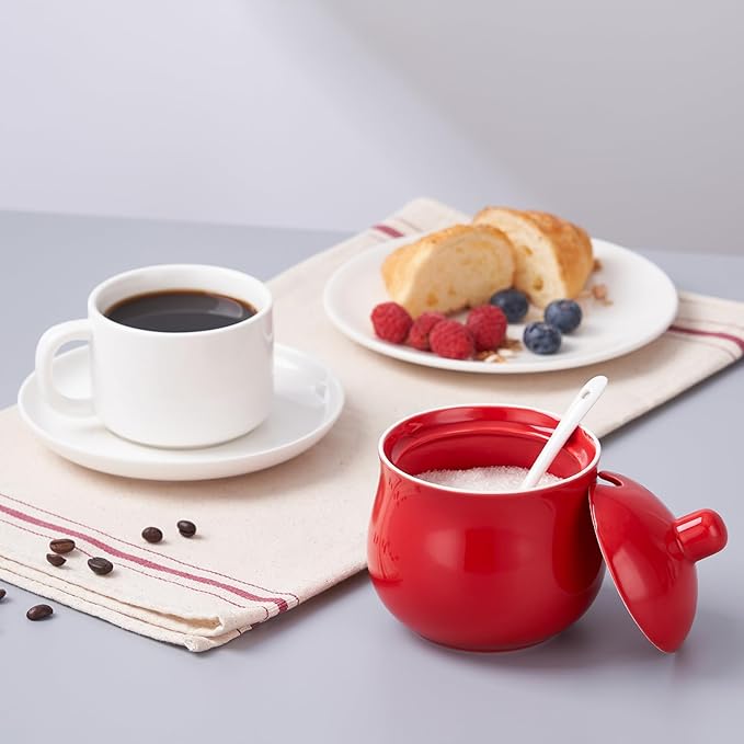 Ceramic Sugar Bowl with Lid and Spoon, Red Porcelain Sugar Salt Pepper Storage Jar, 12 Ounces