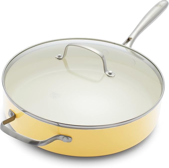 GreenLife Artisan Healthy Ceramic Nonstick, 5QT Saute Pan Jumbo Cooker with Helper Handle and Lid, Stainless Steel Handle, Induction, PFAS-Free, Dishwasher Safe, Oven Safe, Yellow