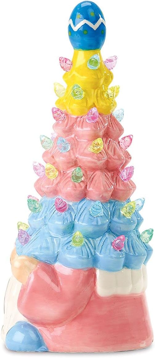 Current Easter Gnome Light-Up Figurine -10" Tall Ceramic Gnome Tree with LED Pastel Lights, Spring Holiday Table Top Décor with Bunny & Egg Accents