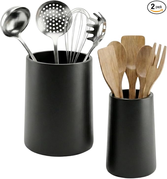 Utensil Holder – 7" Tall x 5.2" Diameter Kitchen Utensil Organizer for Countertop (Matte Black, 2 Pack)