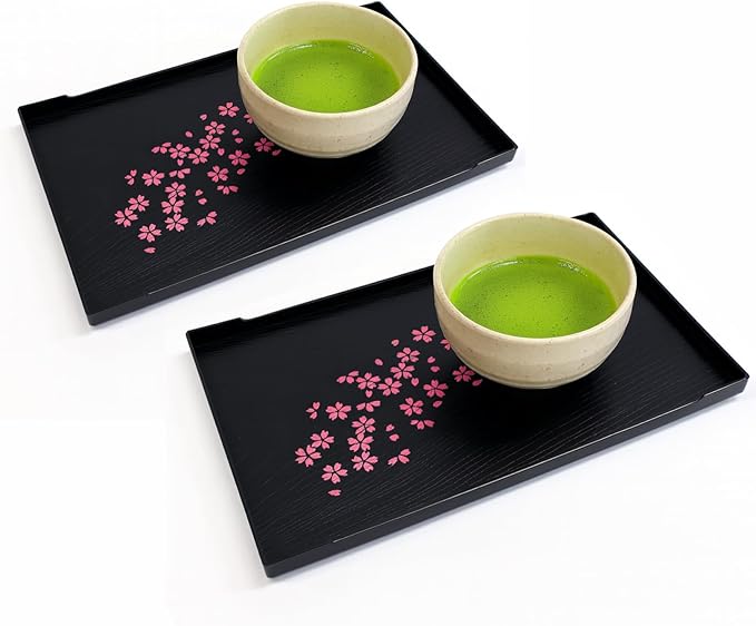 JapanBargain, Set of 2 Japanese Trays Tea Tray Sushi Plate Small Snack Tray Tempura Tray, Wood Grain Pattern, Made in Japan, 10x6.25 inch (Black w/Sakura)