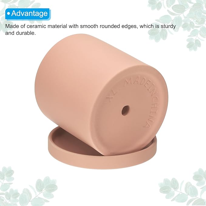 PATIKIL 5 Inch Ceramic Plant Pots, Modern Flower Planters with Drainage Holes and Tray for Decorate Home Indoor Plants Succulent Herb, Pink