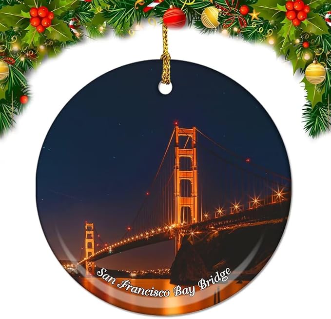 California San Francisco Bay Bridge USA America Christmas Ornaments Ceramic Round Hanging Pendant Xmas Decor City Travel Souvenirs 3" Porcelain Double Sided