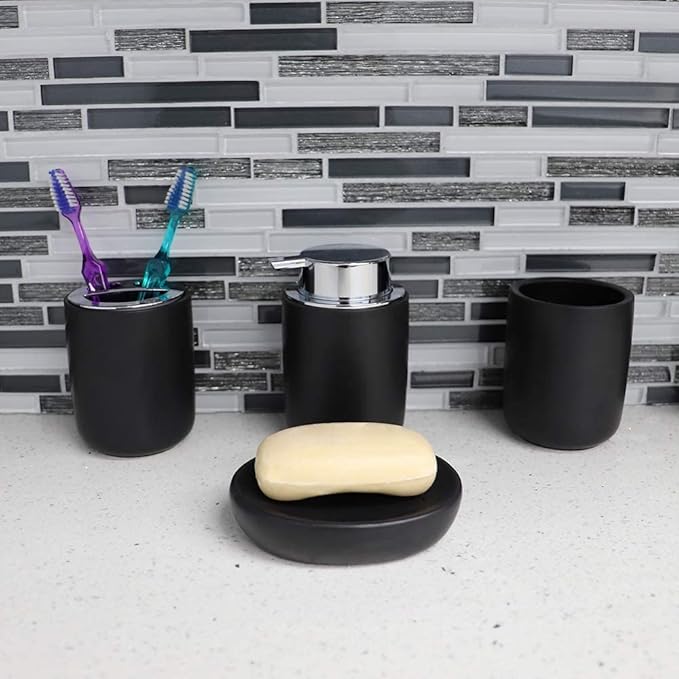 Home Basics Luxem 4 Piece Ceramic Bath Accessory Set (Black, 1) | Matte Finish | Neutral Color | Extremely Durable