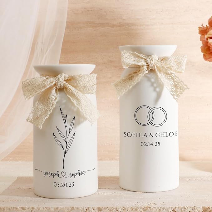 Personalized Wedding Vase with Custom Names and Date, White Ceramic Flower Bottle with Lace Bow, 3 Sizes.