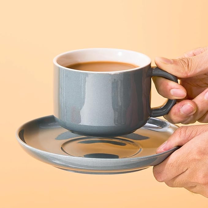 8oz Cappuccino Cups Set of 6, Ceramic Coffee Cups and Saucers Set with Spoons, Gray Durable Coffee Cups for Cappuccino Espresso Latte Mocha Au Lait Macchiato Cafe