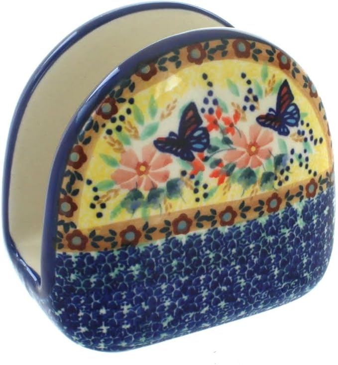 Blue Rose Polish Pottery - Yellow Blue Butterfly Napkin Holder - 5" x 5" - Ceramic Napkin Holders, Decorative Dining Table Accessories