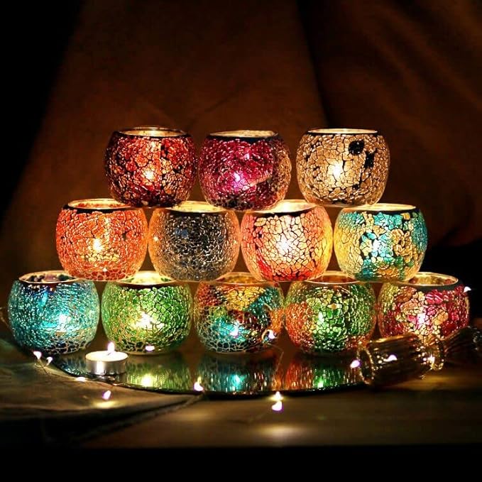 Votive Candle Holders for Table Centerpiece (NO Candles) Wedding Dinner by Candlelight,Tea Light Holders Mosaic Candle Holdes Candlescape Bowl for Valentine's,Christmas Party Decor 1 PC(Pink Green)