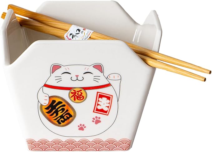 Urban Tokyo Chinese Takeout Box Style Porcelain Bowl With Chopsticks 18 fl oz Square Shape Rice Noodles Pasta To Go Box Shaped Bowl Microwave Dishwasher Safe (Lucky Cat)
