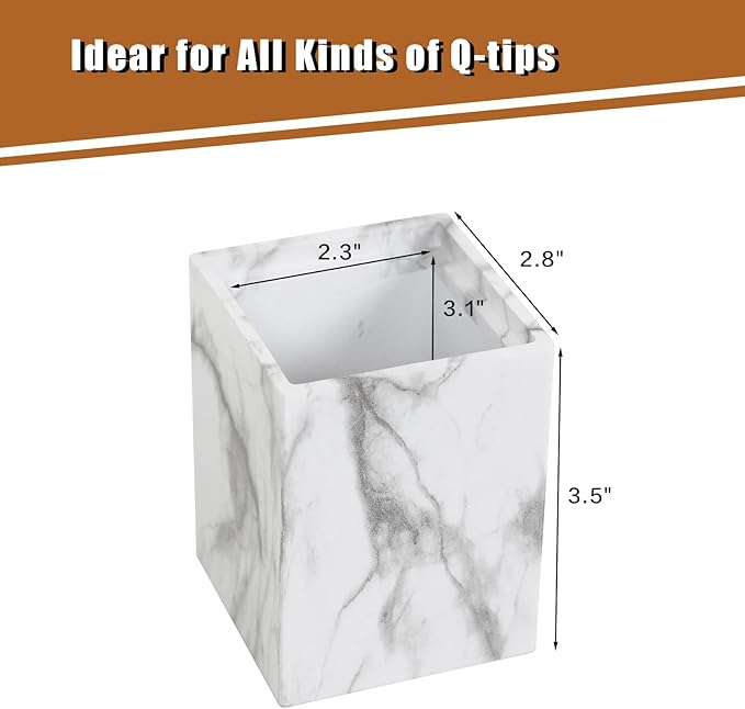 Jung Ford 2-Pack Marble Pattern Cotton Swab Holders with Lids, Resin Bathroom Vanity Storage Jars, Square Qtip Containers for Cotton Balls, Pads, and More (White)