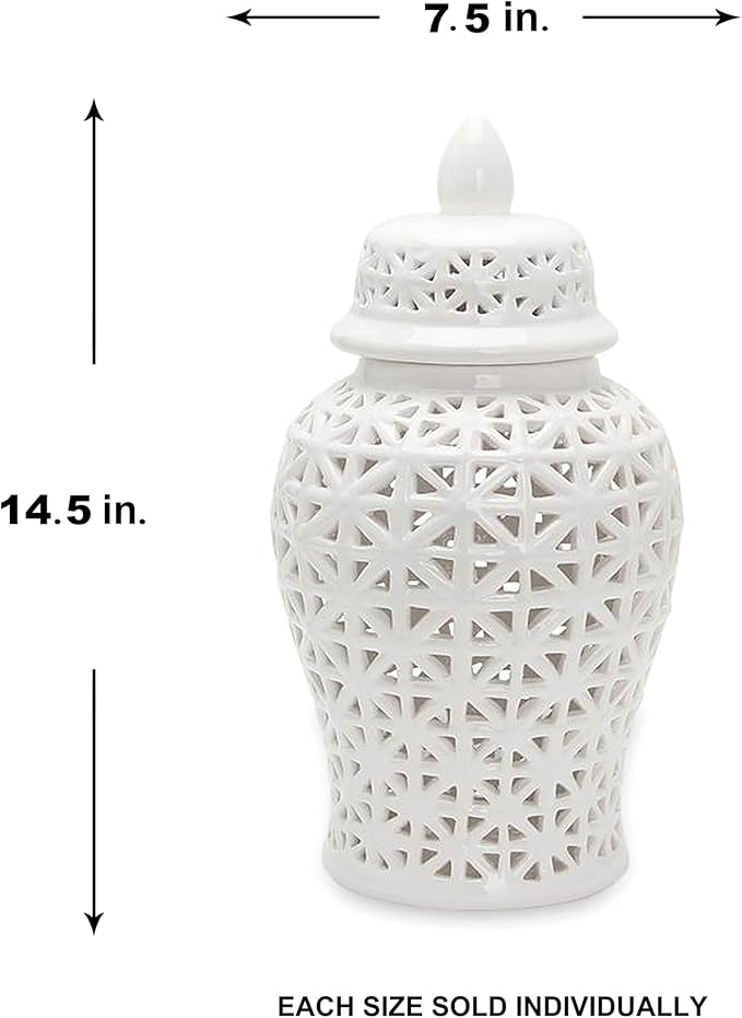 Noori Home - 100% Modern Glam Artisan Ceramic ARIA Small White Ginger Jar Urns with Lid 7.5x7.5x14.5