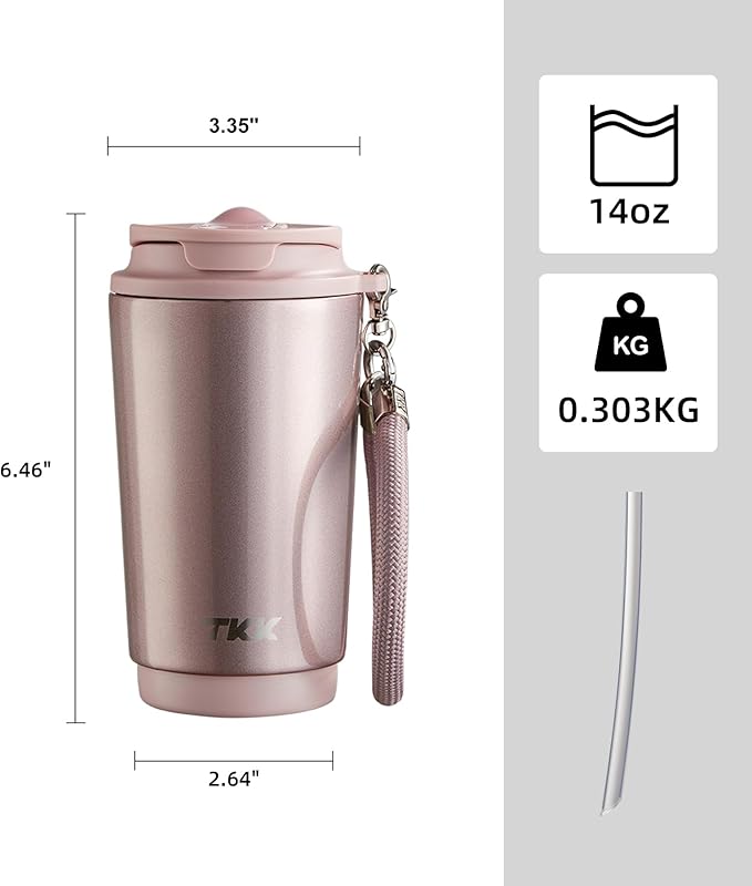 TKK Coffee Cup with Ceramic Coating - 14oz Insulated Stainless Steel Travel Mug, Leak-Proof Tumblers with Straw for Hot/Cold Beverages, Easy Wide Mouth Cleaning, Pink