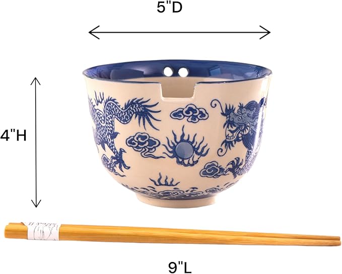 Urban Tokyo Handpainted Ceramic Glazed Japanese Ramen Udon Noodle Rice Bowl With Chopsticks 20 fl oz 5 inch Diameter Bowl Sets Color Box Packaging (Oriental Dragon Blue)