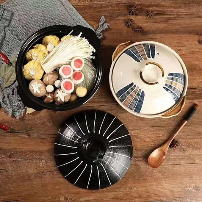 Japanese Clay Pot for Cooking with Lid, 2.2L Ceramic Casserole for Shabu Shabu & Stewing, Korean Stone Pot for Soup Bowls, Heat Resistant Earthenware Pot & Terracotta Cooking Pots for Gas,1.6L,B
