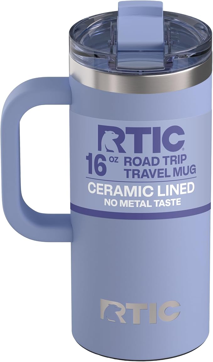 RTIC 16oz Road Trip Travel Mug with Lid and Handle, Ceramic Lined, Insulated, Stainless Steel, Metal, Double Wall Vacuum-Insulation, Portable Coffee, Tea Cup for Hot and Cold Drink, Periwinkle