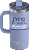 RTIC 16oz Road Trip Travel Mug with Lid and Handle, Ceramic Lined, Insulated, Stainless Steel, Metal, Double Wall Vacuum-Insulation, Portable Coffee, Tea Cup for Hot and Cold Drink, Periwinkle