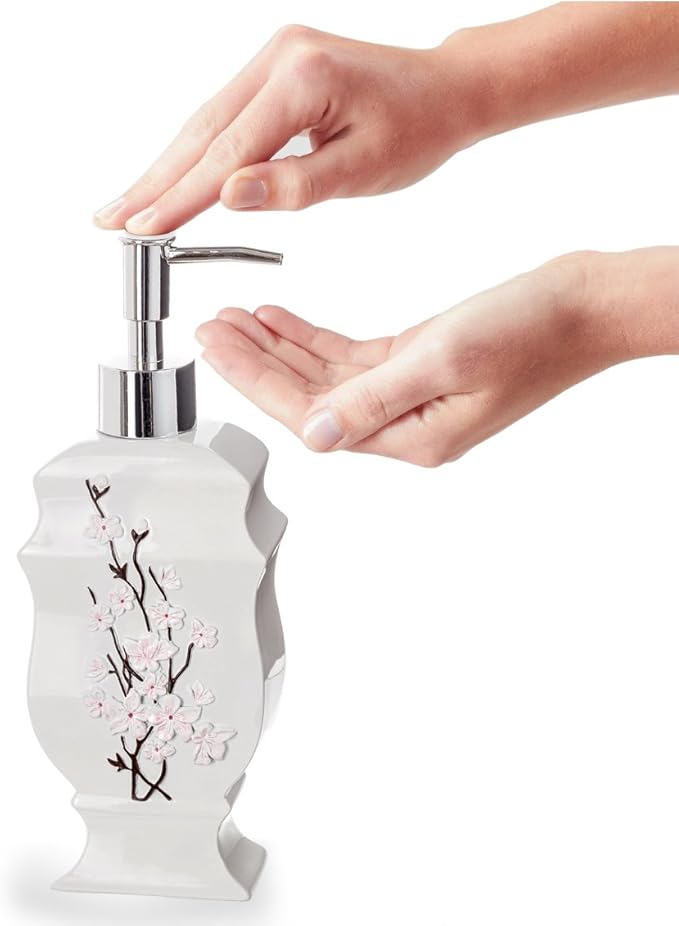 Creative Scents Vanda White Soap Dispenser Bathroom Countertop Hand Lotion Pump - Lotion Dispenser for Liquid Soap with Durable Pump, Modern Cherry Blossom Style