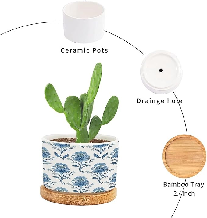 Blue Green And White Mughal Flower Ceramic Flower Pots,Gardening Plant Pot with Drainage Holes And Saucers Round Ceramic Pots for Indoor Plants Succulent Herbs Cactus Pots for Dad Papa Grandpa