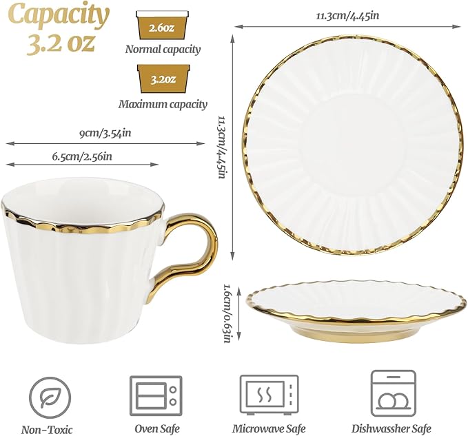 3.2oz Ceramic Turkish Coffee Cup Set of 6, British Italian Cappuccino Cups Porcelain Espresso Cups and Saucers with Gold Trim for Double Espresso Cappuccino Latte Mocha Tea, Gold