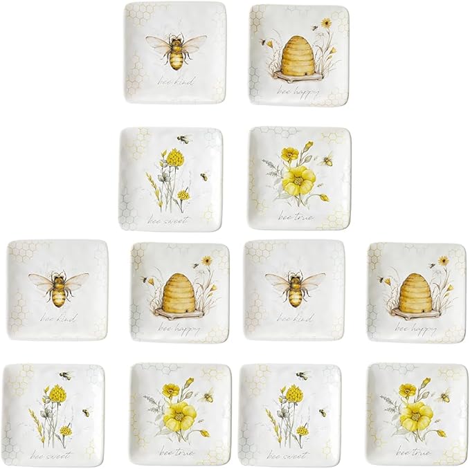 Bee Sweet 6" Canapé & Luncheon Plates, Set of 4 – Assorted Bee & Floral Designs with Uplifting Sayings, Durable Ceramic Appetizer Plates for Spring Entertaining & Cottagecore Décor |(Pack of 3)