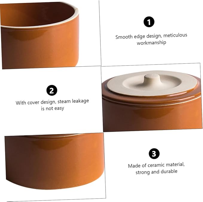 Ceramic Steaming Bowl Lid Vintage Pottery Rice Stew Bowl Home Kitchen Tableware Suitable for Steaming Eggs and Rice 1.5L Capacity