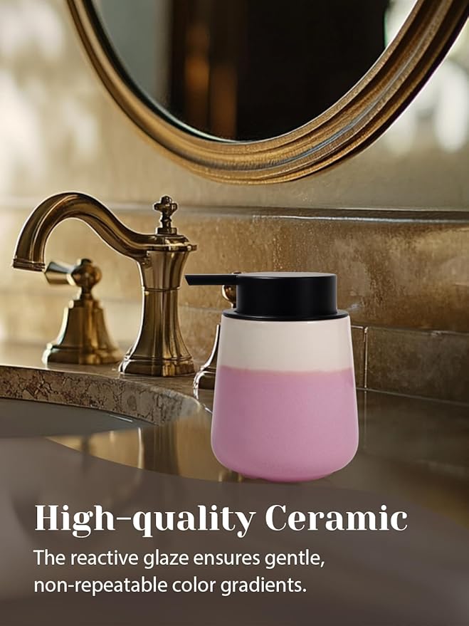 INGOFIN Ceramic Hand Soap Dispenser - 12 oz Liquid Lotion Dispenser Bathroom, Refillable Modern Dish Soap Dispenser with Pump for Kitchen, Beige and Pink