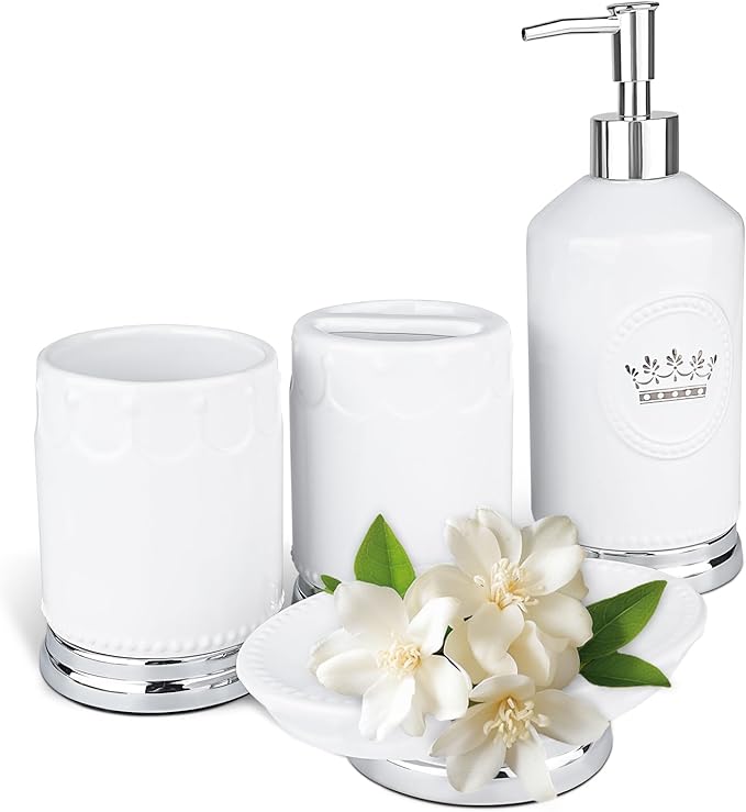 Bathroom Accessory Set, 4 Pcs Ceramic Sets with Crown Motif, Toothbrush Holder, Soap Dispenser, Soap Dish, Tumbler Cup, Modern Bathroom Sink Set Vanity Countertop Decor, White and Silver
