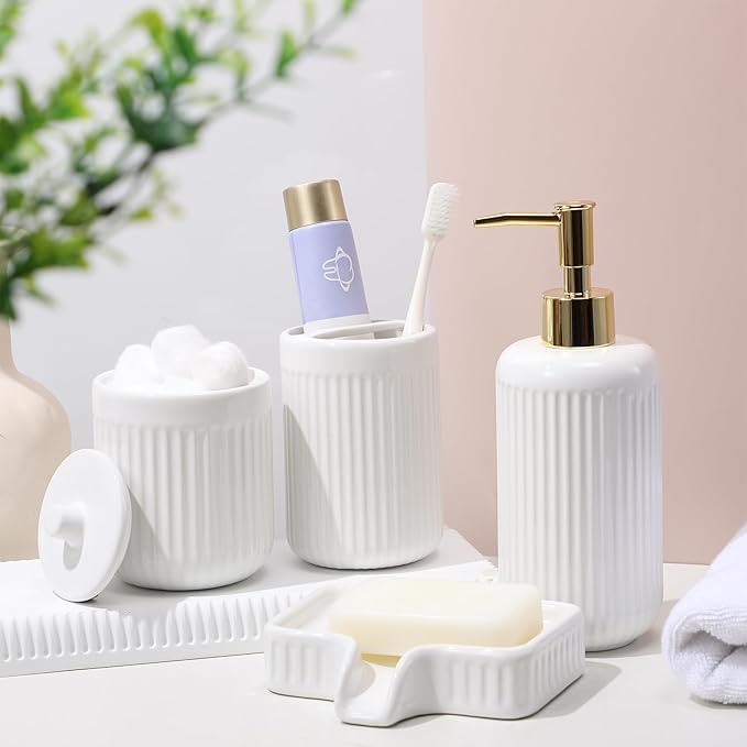 Ceramic Bathroom Accessories Set of 6 White, Soap Dispenser, Toothbrush Holder, Cup Holder, Soap Dish, 2 Qtip Holder, Countertop Vanity Organizer, Bathroom Accessory Set (White, Comb B)