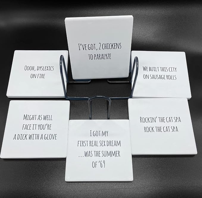 Misheard Lyrics 6 Piece Ceramic Coaster Set Funny Rock Music Humor Drinkware Pop Song Home Decor Classic Rock N Roll Punk Kitchen Dining Room Accessory