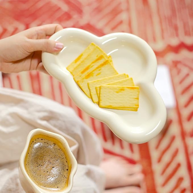 Jewelry Dish Trinket Tray for Women, Ring Dish Holder, Unique Cloud Shape Ceramic Plate Cute Things Vanity Aesthetic Room Decor Mother's Day Birthday (Crème)