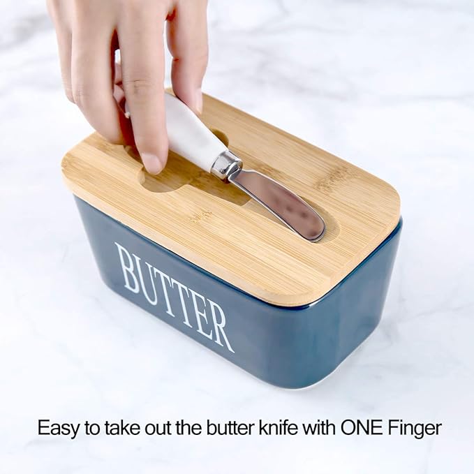 Hasense Porcelain Butter Dish with Bamboo Lid - Covered Butter Keeper with Butter Knife for Countertop, Airtight Butter Container with Cover Perfect for East West Coast Butter, Blue