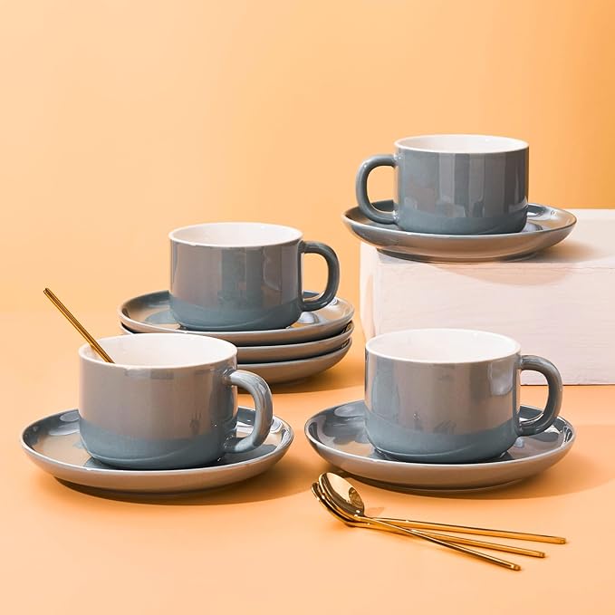 8oz Cappuccino Cups Set of 4, Ceramic Coffee Cups and Saucers Set with Spoons, Gray Durable Coffee Cups for Cappuccino Espresso Latte Mocha Au Lait Macchiato Cafe