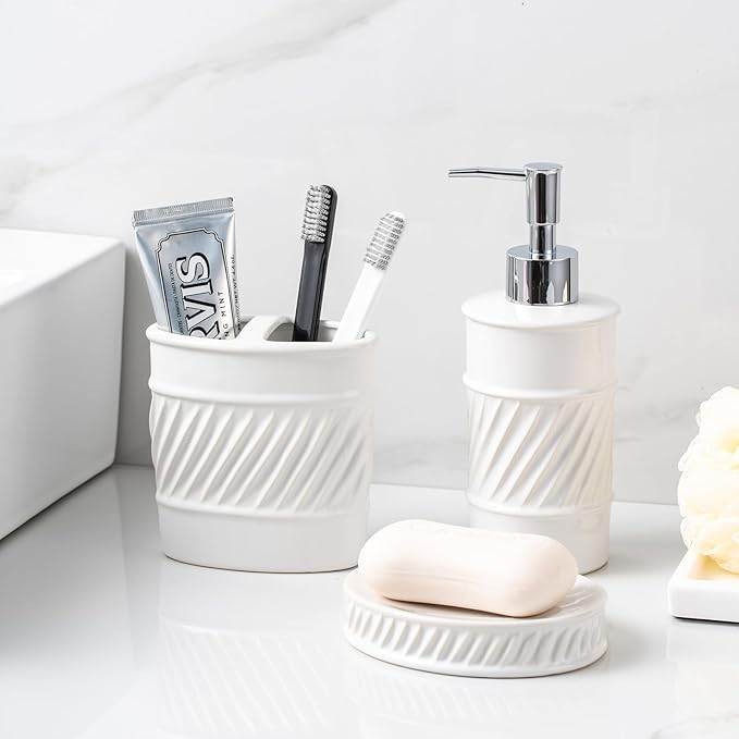 3-Piece Ceramic Bathroom Accessories Set - Soap Dispenser, Toothbrush Holder & Soap Dish with Modern Wave Embossed Design for Bathroom Accessory Set (White)