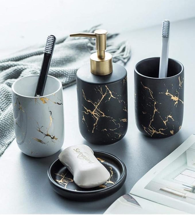 YYW Bathroom Accessory Set Ceramics Bathroom Set Accessories Complete Set Vanity Countertop Accessory Set Includes Soap Dish Lotion Dispenser Tumblers (Black（Four Piece）)