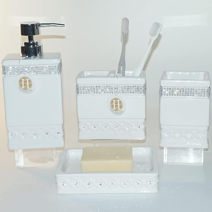 Bathroom Accessories Set 4 Pcs-Ceramic Gift Set Soap Dispenser Pump & Toothbrush Holder & Tumbler Cup & Soap Dish - Bathroom Home Decor Clearance, Countertop Vanity Organize (15 Ounce)