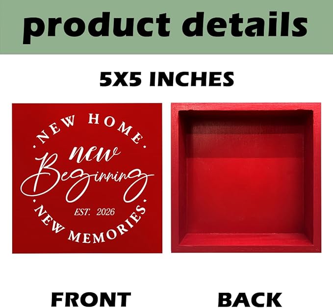 MUBIAO Rustic 2026 New Home Housewarming Gifts Ideasfor Women Men Friend Home Desk Shelf Decor - 5.1 x 5.1 Inches New Memories Decor Accessories - Red