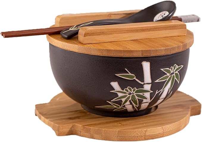 Urban Tokyo Japanese Kamameshi Style Ceramic Glazed Japanese Ramen Udon Pho Noodle Bowl With Spoon, Bamboo Lid, Chopsticks and Trivet 5 Piece Set (Asian Bamboo)