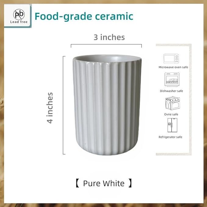 Stoneware Coffee Bar Utensil Holder Tea & Coffee Spoon & Stirrer Holder for Stir Stick Straw Teaspoon Holder Spoon Cup Small Utensil Jar Fluted Vertical Stripe (Pure White)