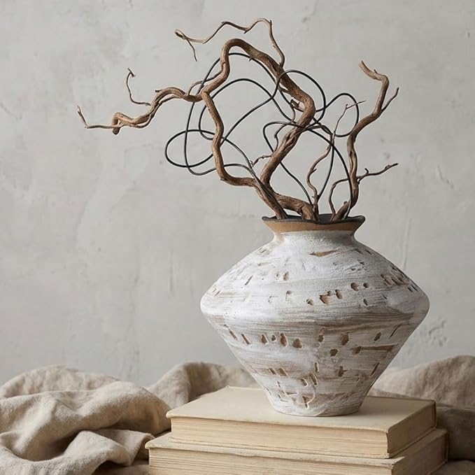 Wabi Sabi Rusty Vintage Vase, 11.4" Tall Wabi Sabi Decor Rustic Farmhouse Pottery Vase for Centerpiece, Textured Pottery Flower Vases for Home Decorative, Table, Living Room (White, Large)