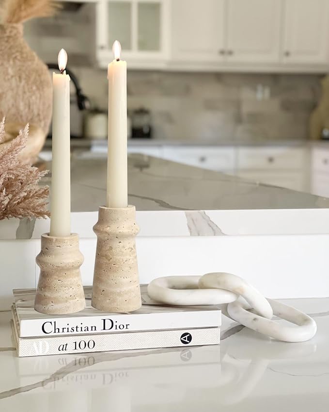 Vixdonos Natural Stone Candle Holder Set of 2 Taper Candle Candlestick Mantle Candle Stand for Home Decor,Wedding,Party and Table Centerpieces(White)