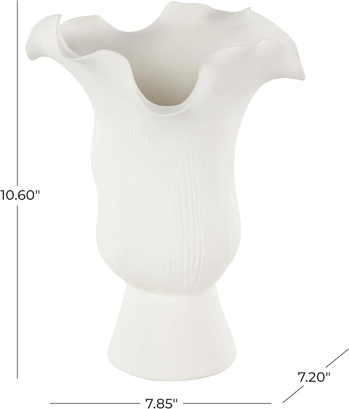 Deco 79 Ceramic Abstract Decorative Vase Floral Inspired Centerpiece Vase with Linear Grooves, Flower Vase for Home Decoration 8" x 7" x 11", White