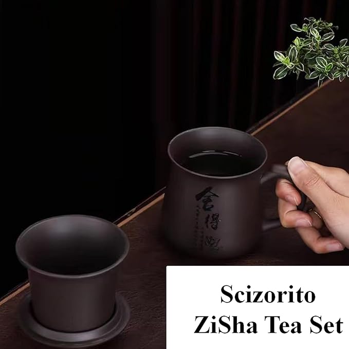 Chinese ZiSha Tea Cup, Cup Filter Integrated, Purple Sand Tea Set, Suitable for Home, Office, as Father's Day, Birthday, Christmas Gift（12.5oz） (Black)