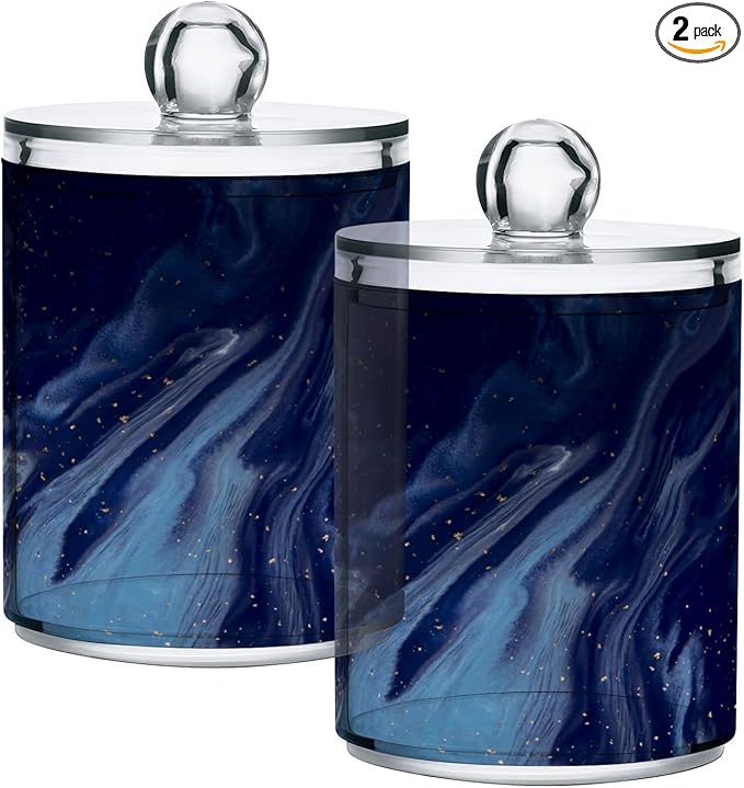 MNSRUU 2 Pack Qtip Holder Organizer Dispenser Beautiful Navy Blue Marble Bathroom Storage Canister Cotton Ball Holder Bathroom Containers for Cotton Swabs/Pads/Floss