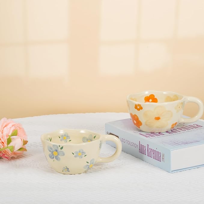 Koythin 2-Pieces Ceramic Coffee Mugs, Creative Cute Flower Cup for Office and Home, 8.5 oz/250 ml Aesthetic Mug for Latte Tea Milk (2 Blue Flower)