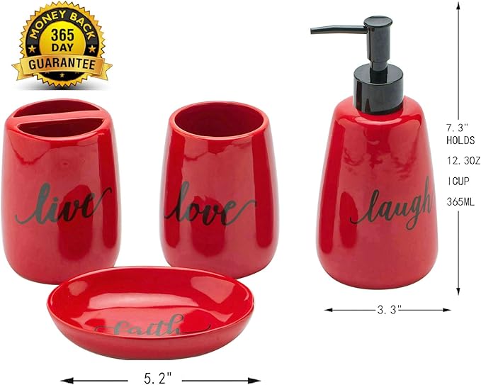 Bathroom accesory Set, Ceramic, 4pc,Toothbrush Holder soap Dispenser soap Dish Tumble Cup for Bathroom Decor and Gift (Navy) (RED)